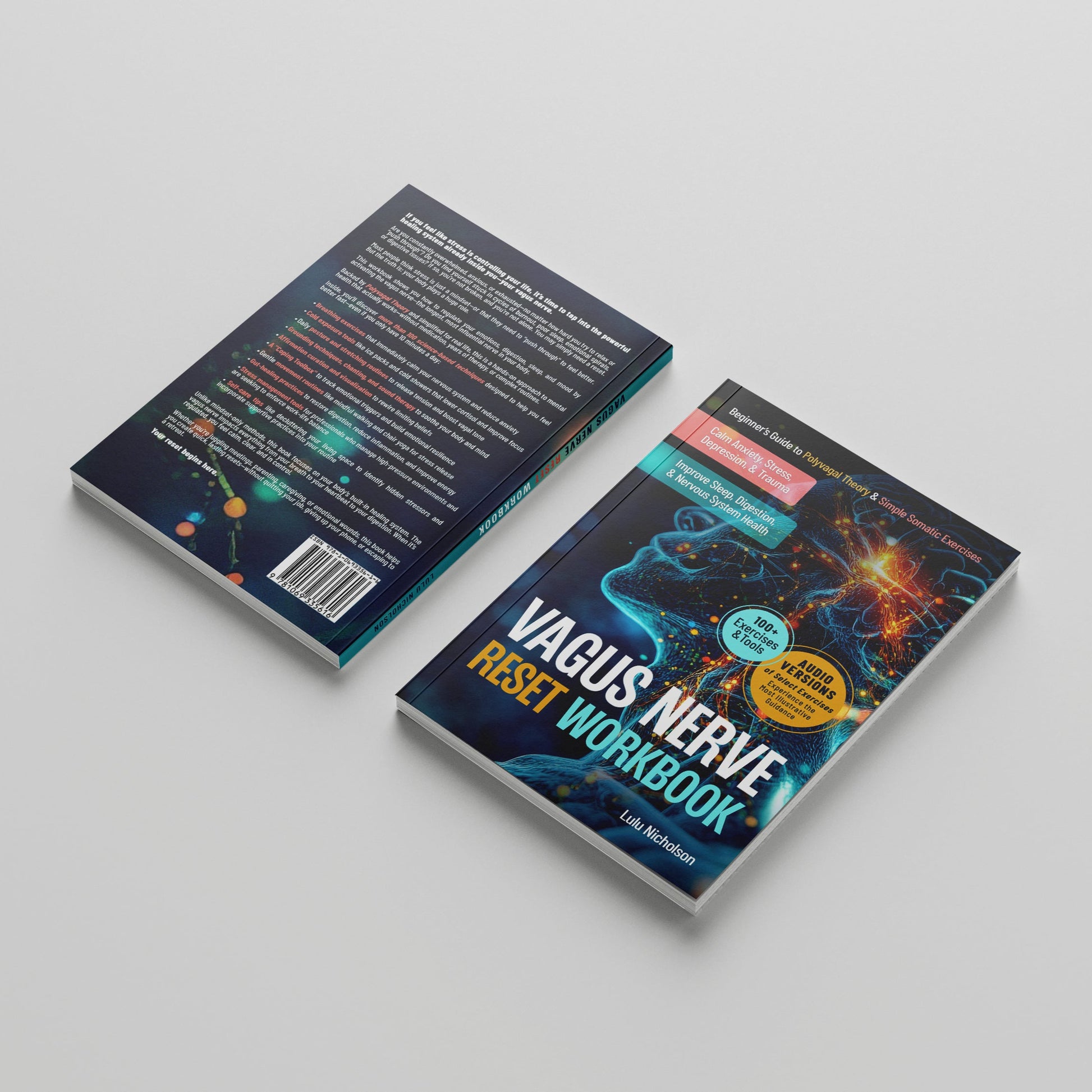 Front and back cover of “Vagus Nerve Reset Workbook” by Lulu Nicholson — a self-help guide for stress relief and nervous system healing
