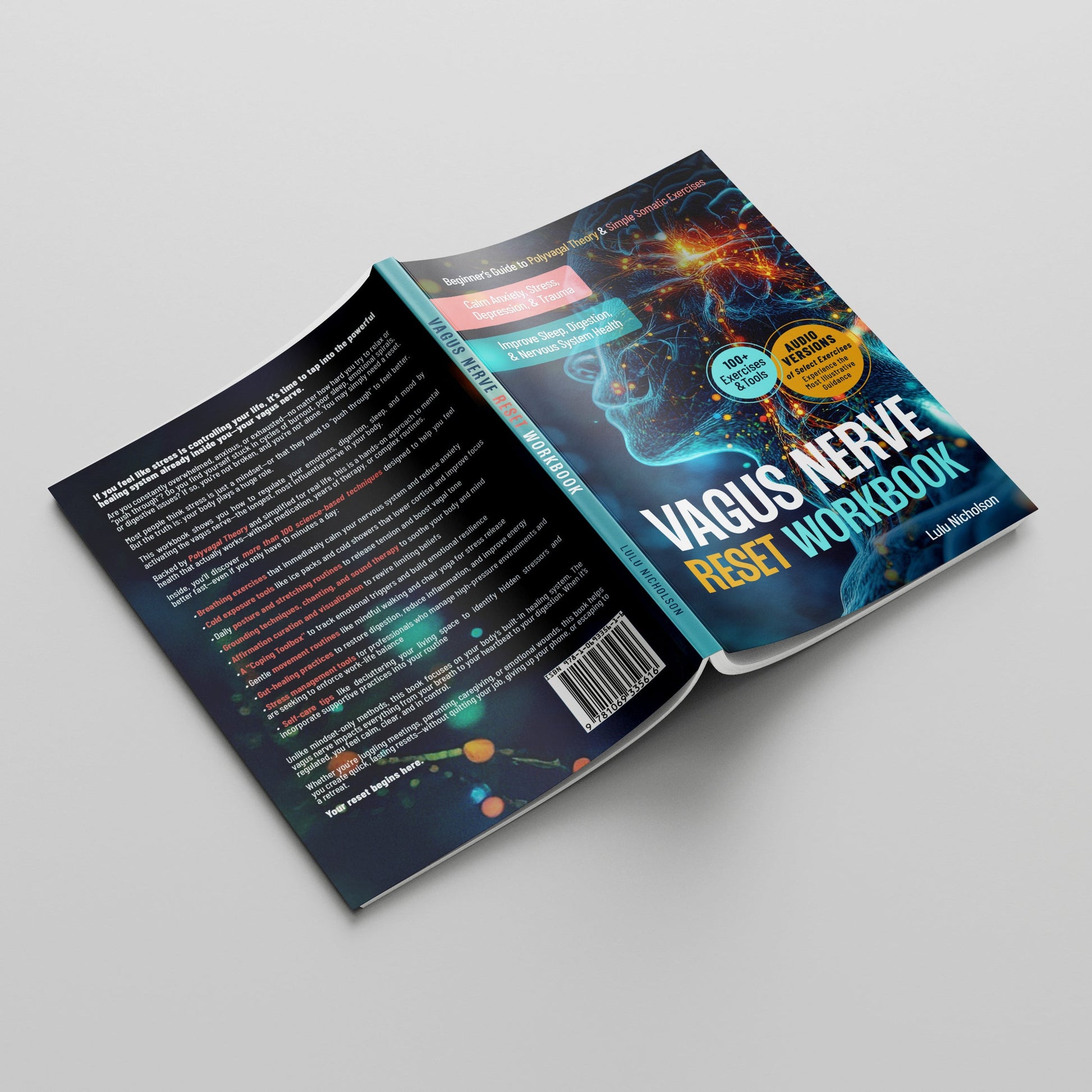 Front and back cover of “Vagus Nerve Reset Workbook” by Lulu Nicholson — a self-help guide for stress relief and nervous system healing